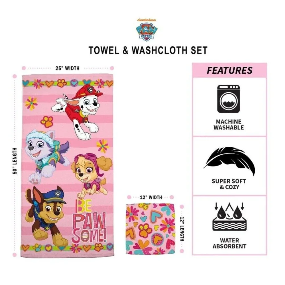 Paw Patrol Bath Towel Washcloth Set, Kids 2 Pc Cotton Super Soft Nickelodeon New